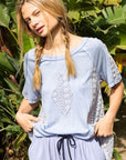 POL Short Sleeve Lace Crochet Panel Top