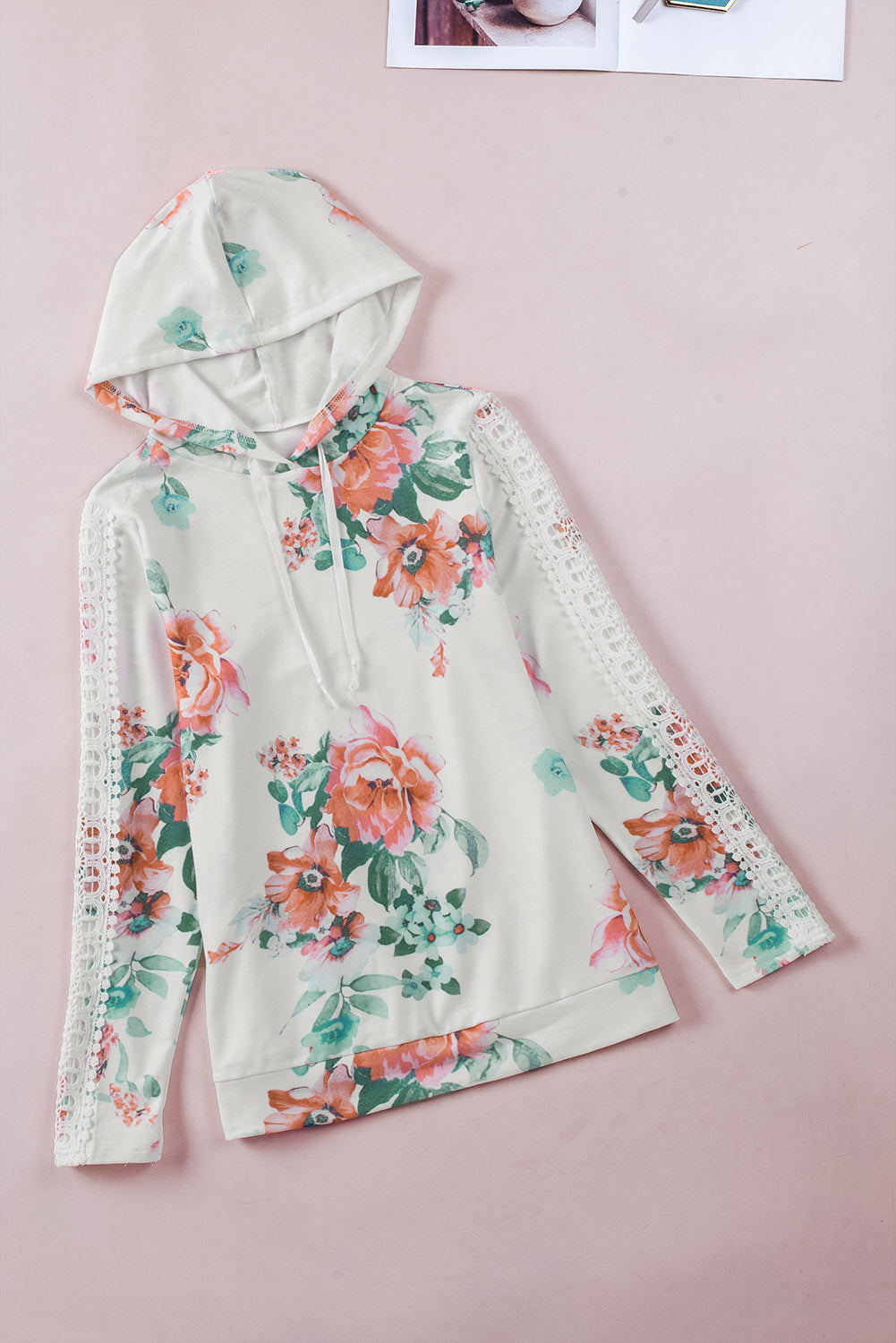Floral Lace Trim Drawstring Hoodie - Online Only
