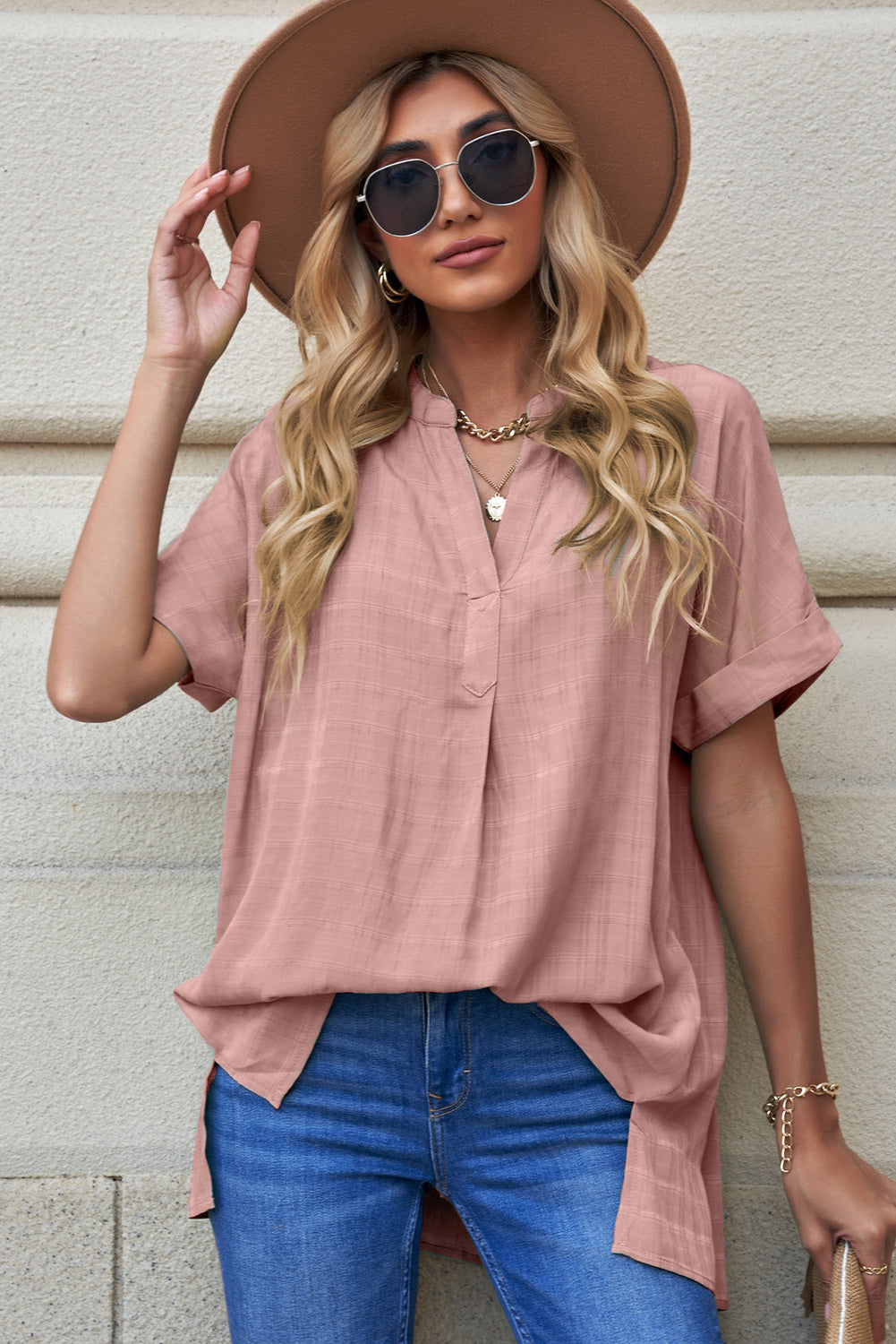 Notched Side Slit Cuffed Blouse - Online Only
