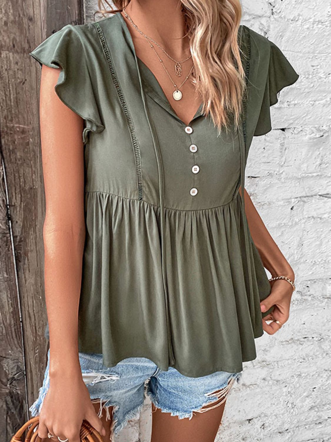 Buttoned Tie Neck Flutter Sleeve Babydoll Top - Online Only