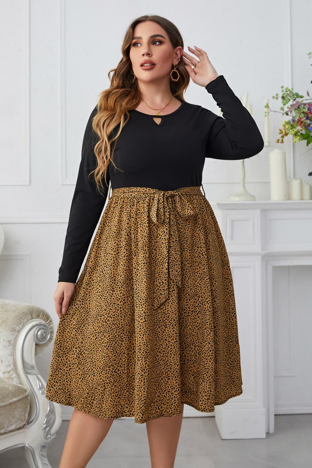 Plus Size Leopard Long Sleeve Round Neck Dress - Online Only