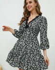 Printed Plunge Neck Flounce Sleeve Mini Dress - Online Only