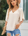 Gathered Detail Notched Neck Flutter Sleeve Top - Online Only