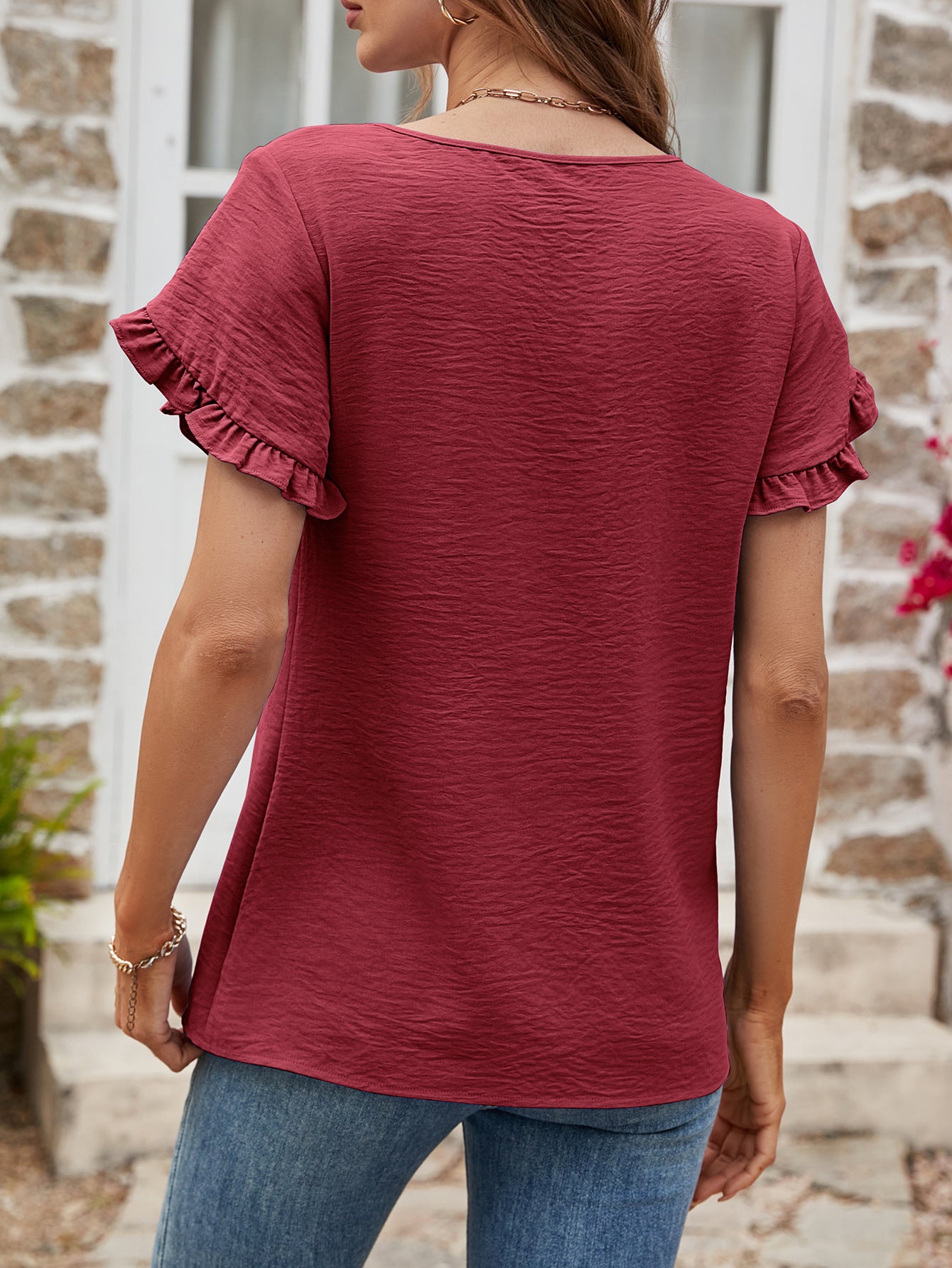 Textured Petal Sleeve Round Neck Tee - Online Only