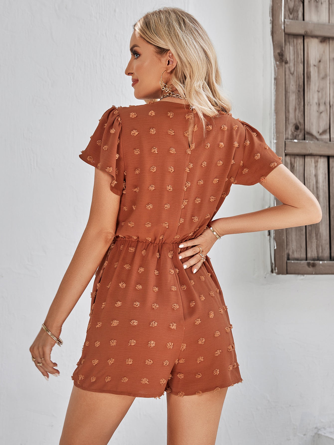 Swiss Dot Lace Trim Flutter Sleeve Romper with Pockets - Online Only