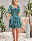 Smocked Square Neck Balloon Sleeve Mini Dress - Online Only
