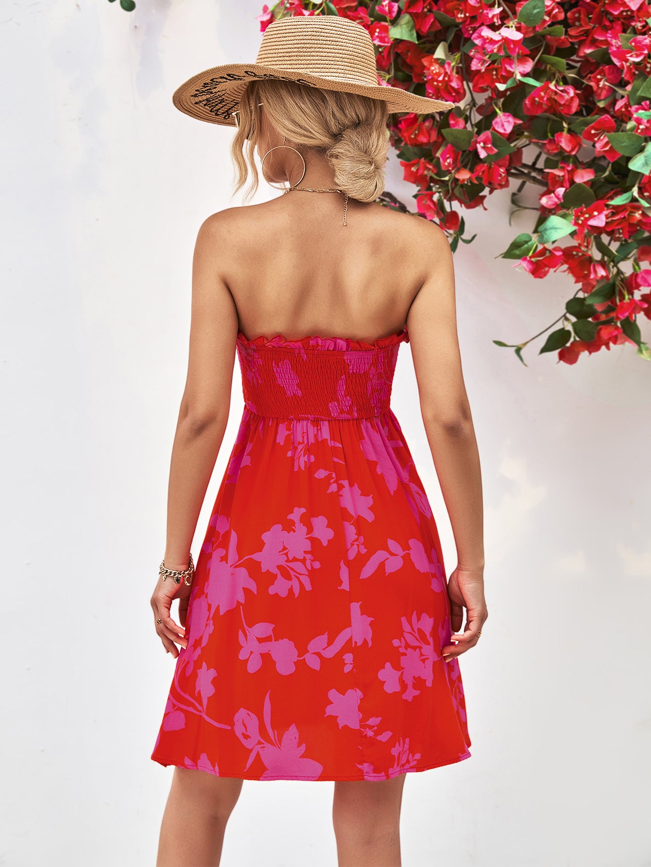 Floral Frill Trim Strapless Smocked Dress - Online Only