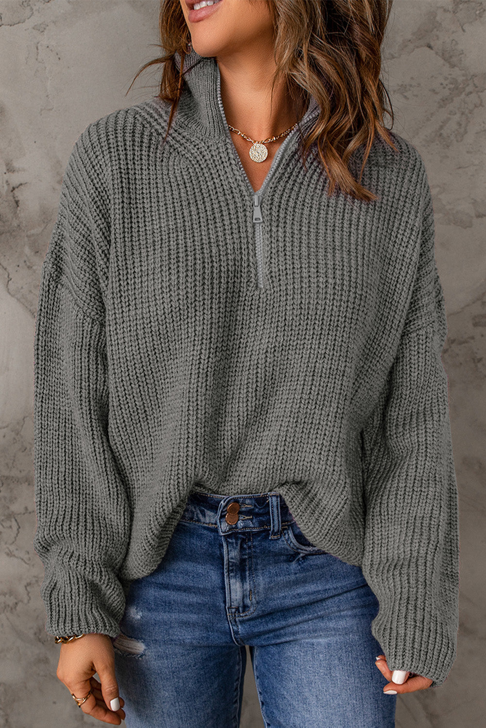 Half Zip Rib-Knit Dropped Shoulder Sweater - Online Only