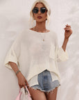Boat Neck Cuffed Sleeve Slit Tunic Knit Top - Online Only