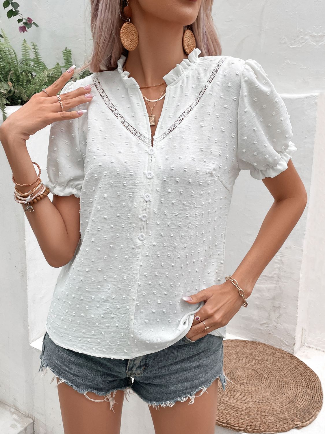 Swiss Dot Buttoned Puff Sleeve Blouse - Online Only