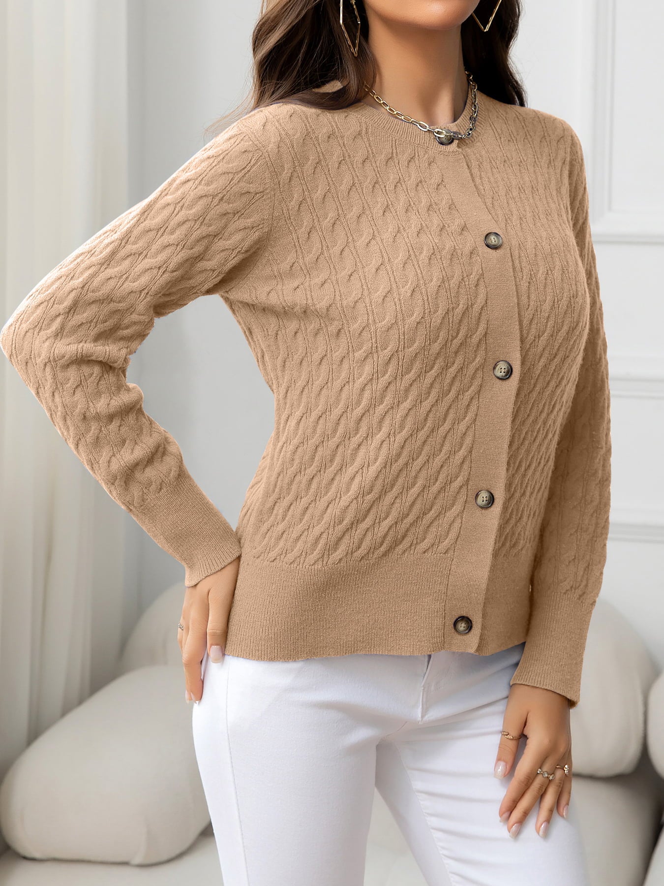 Round Neck Cable-Knit Buttoned Knit Top - Online Only