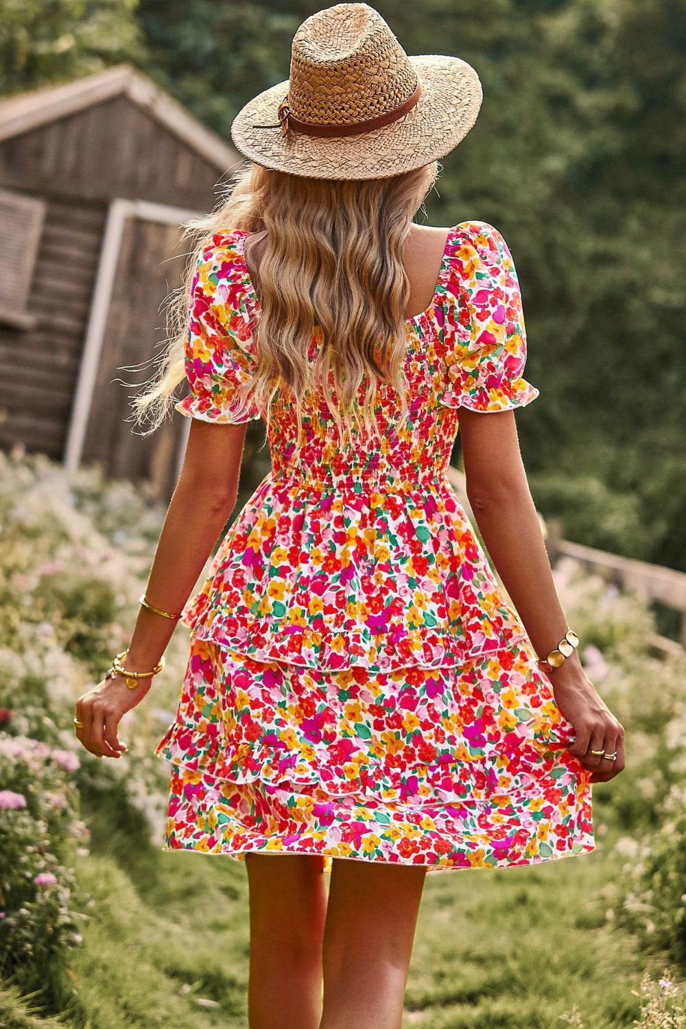 Smocked Sweetheart Neck Flounce Sleeve Mini Dress - Online Only