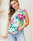 Double Take Floral Print Ruffle Shoulder Blouse