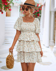 Floral Smocked Puff Sleeve Square Neck Layered Dress - Online Only