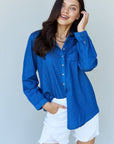 Doublju Blue Jean Baby Denim Button Down Shirt Top in Dark Blue - Online Only