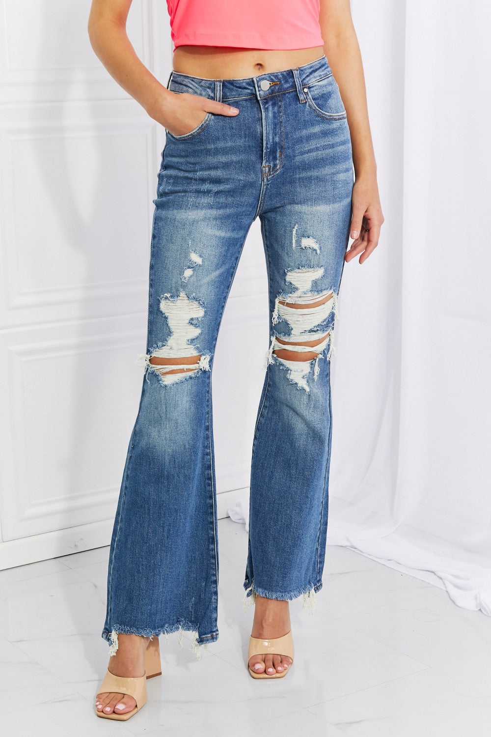 RISEN Hazel High Rise Distressed Flare Jeans - Online Only