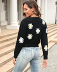 Flower Pattern Round Neck Short Sleeve Pullover Sweater - Online Only