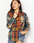 Double Take Plaid Curved Hem Shirt Jacket with Breast Pockets