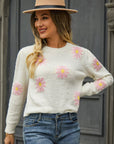 Flower Pattern Round Neck Short Sleeve Pullover Sweater - Online Only