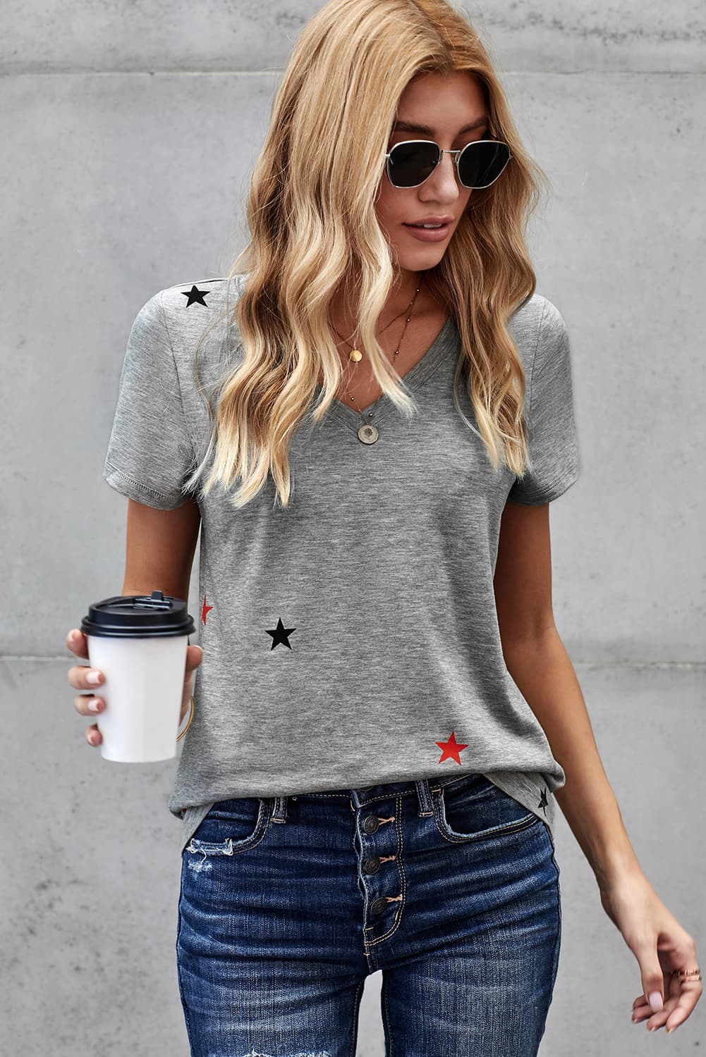 Star Print V-Neck Tee Shirt - Online Only
