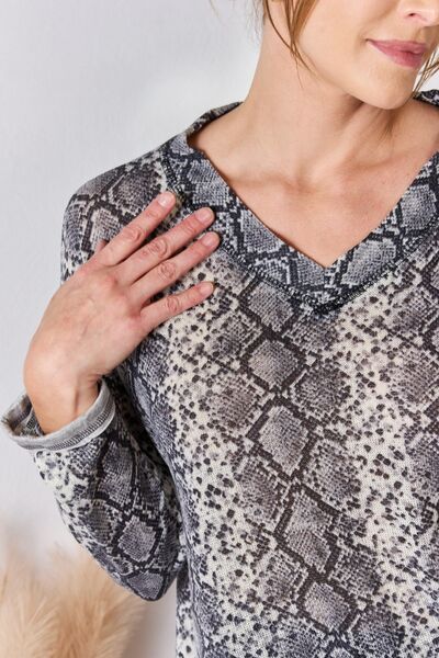 Hailey &amp; Co Full Size Snakeskin V-Neck Long Sleeve Top