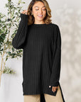 Basic Bae Full Size Ribbed Round Neck Long Sleeve Slit Top