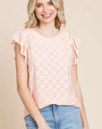 Culture Code Eyelet Round Neck Ruffled Cap Sleeve Top