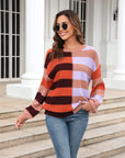 Round Neck Long Sleeve Color Block Dropped Shoulder Pullover Sweater - Online Only