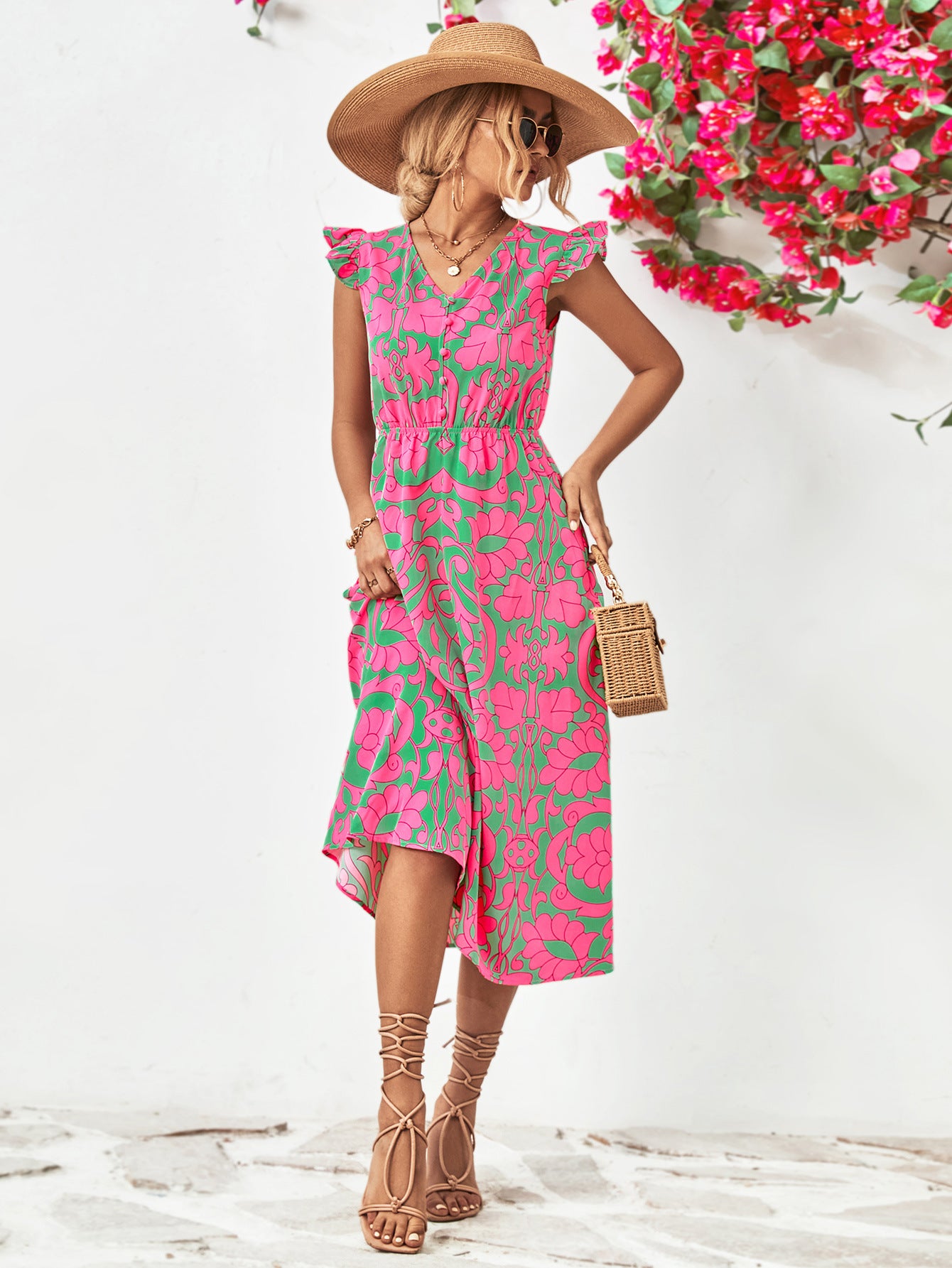 Floral V-Neck Cap Sleeve Dress - Online Only
