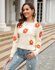 Flower Pattern Round Neck Short Sleeve Pullover Sweater - Online Only