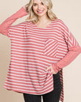 Culture Code Oversize Striped Round Neck Long Sleeve Slit T-Shirt