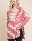 Culture Code Oversize Striped Round Neck Long Sleeve Slit T-Shirt