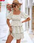 Floral Smocked Puff Sleeve Square Neck Layered Dress - Online Only