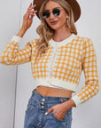 Plaid Buttoned Cropped Cardigan - Online Only