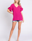 GeeGee V-Neck Ruffle Trim Short Sleeve Blouse