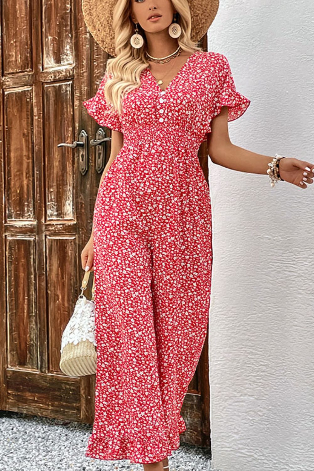 Printed Tie Back Ruffled Jumpsuit - Online Only
