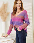 Double Take Multicolored Rib-Knit V-Neck Knit Pullover