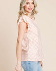 Culture Code Eyelet Round Neck Ruffled Cap Sleeve Top