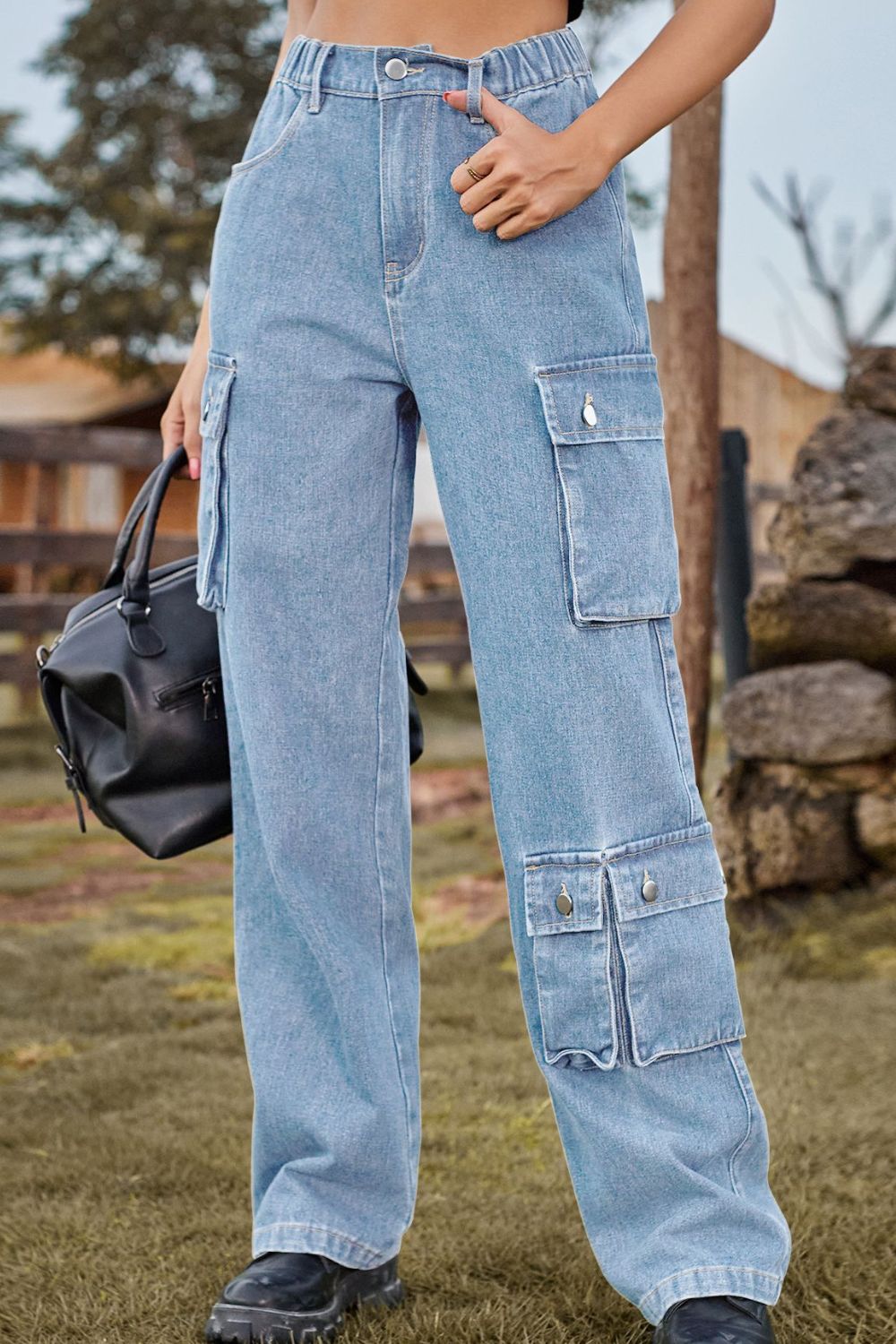 Loose Fit Long Jeans with Pockets - Online Only