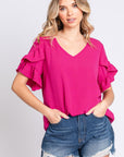 GeeGee V-Neck Ruffle Trim Short Sleeve Blouse