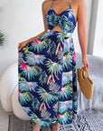 Botanical Print Tied Backless Cutout Slit Dress - Online Only