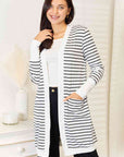 Double Take Striped Open Front Longline Cardigan