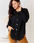 Double Take Waffle-Knit Collared Neck Dropped Shoulder Shirt