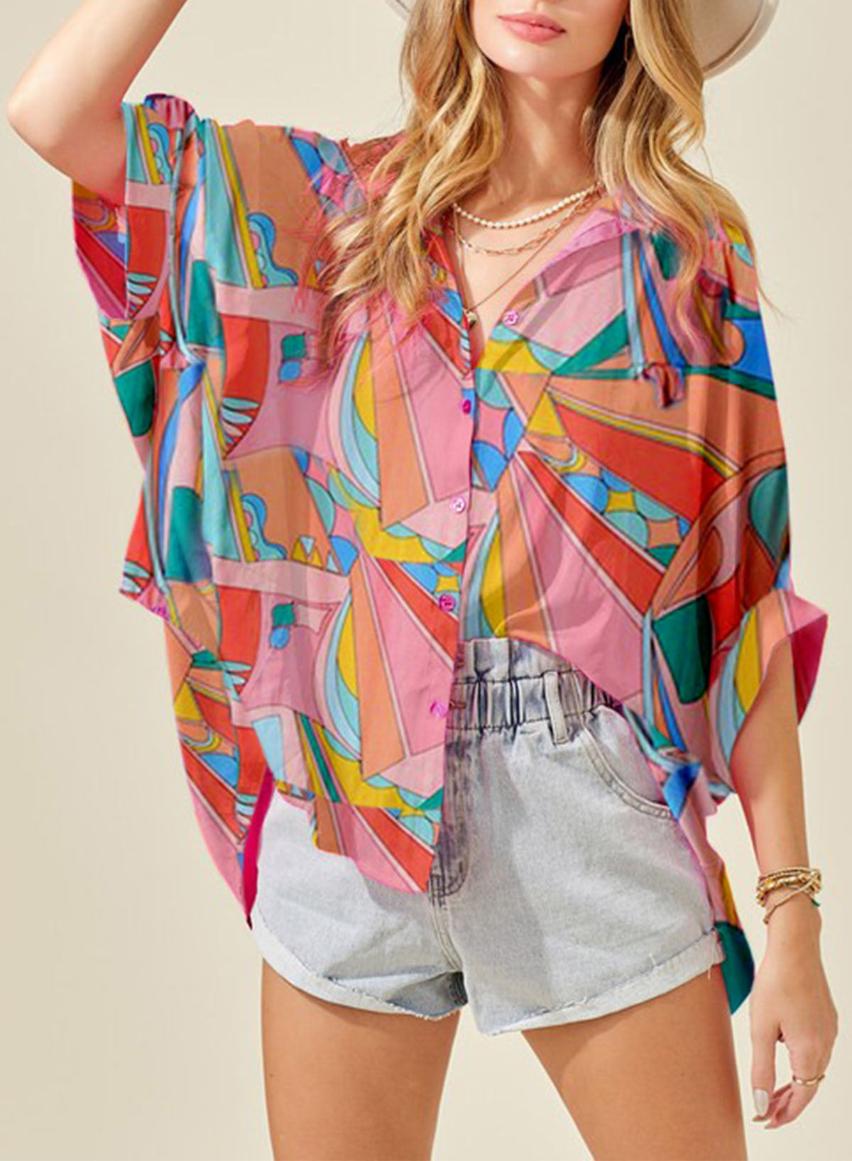 Printed Dolman Sleeve Collared Shirt - Online Only