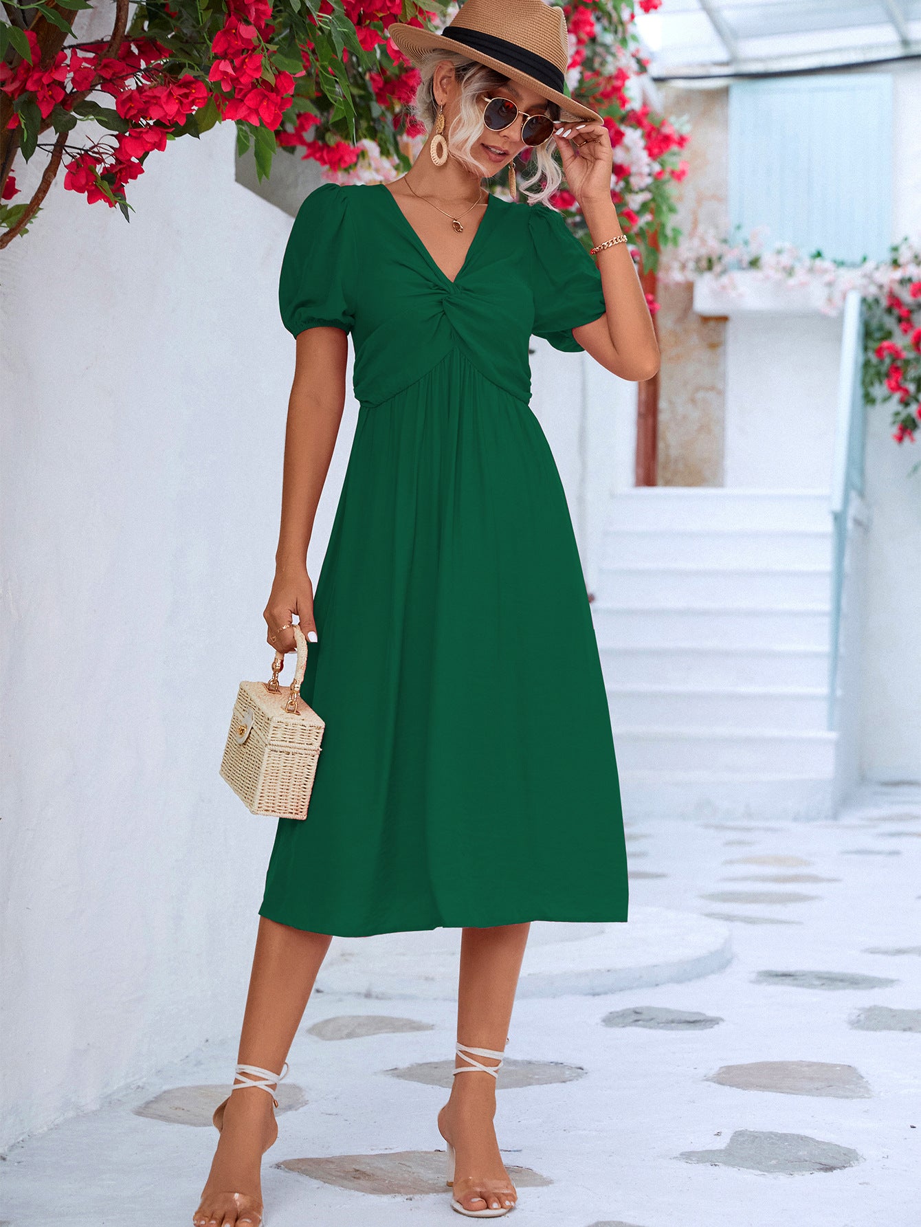 Twisted Short Puff Sleeve V-Neck Dress - Online Only