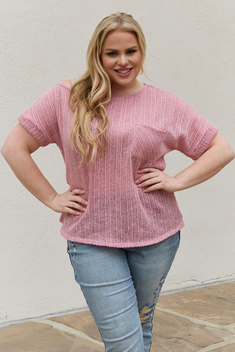 e.Luna Chunky Knit Short Sleeve Top in Mauve - Online Only