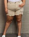 RISEN Katie Full Size High Waisted Distressed Shorts in Sand - Online Only