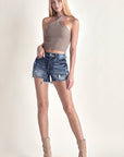 RISEN Mid Rise Raw Hem Denim Shorts