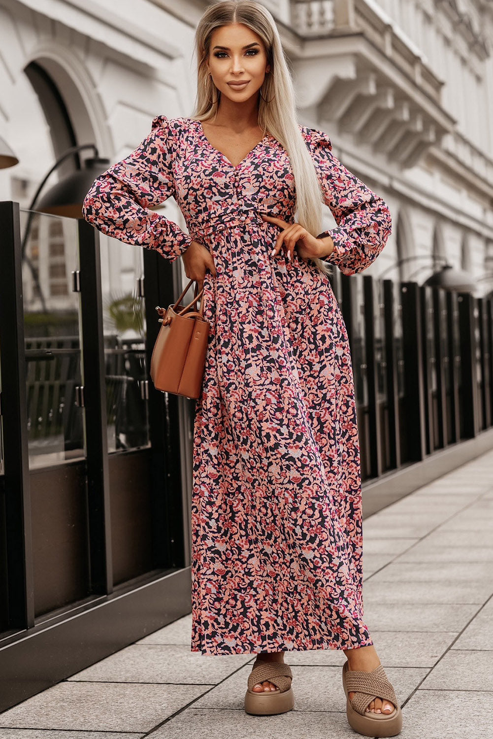 Printed V-Neck Long Sleeve Maxi Dress - Online Only