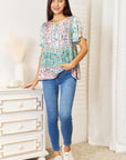 Double Take Floral Tie Neck Short Sleeve Blouse